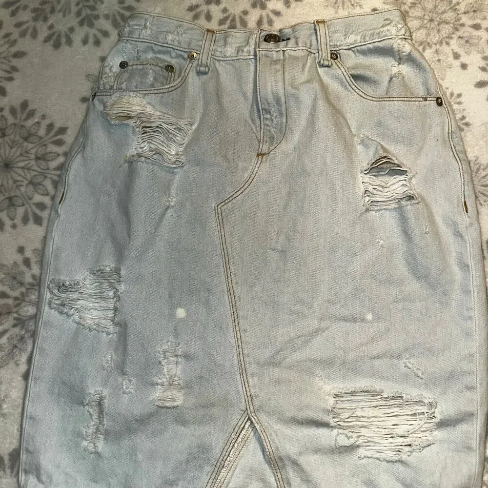 Rag & Bone Shred Denim Mini Skirt Shredded Norte Light Wash Distressed High Rise